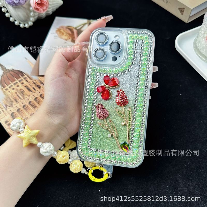 【双玫瑰】适用于16promax苹果手机壳玫瑰花渐变带钻14Plus软壳|undefined