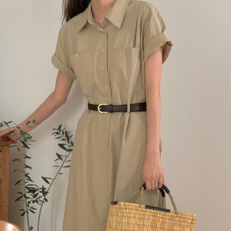 Korean 2026 Spring New Casual Lapel Double-Pocket Back-Slit Elastic Long Dress for Women, Slimming Long Skirt Korean 2026 Spring New Casual Lapel Double-Pocket Back-Slit Elastic Long Dress for Women, Slimming Long Skirt
