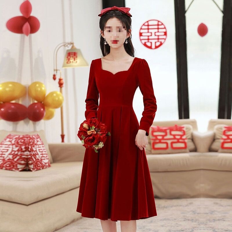 连衣裙夏季订婚礼服2025平时可穿结婚小个子酒红色新款敬酒服新娘|undefined