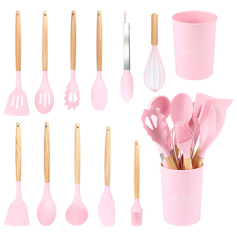 Juego de Utensilios de Cocina de Silicona con Mango de Madera, 12 Piezas, Antiadherente, con Soporte, Mayorista