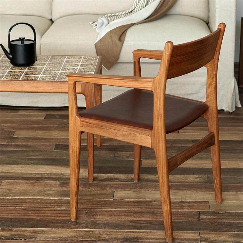 Nordic Vintage Teak Tea Table and Stool, Solid Wood Simple Leisure Chair with Armrests and Backrest, Office Chair