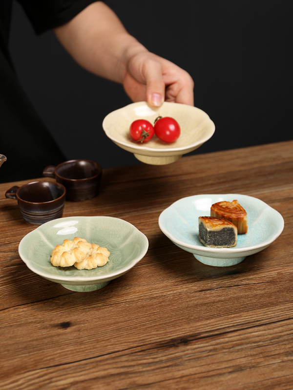 Chinese Tea Tray Zen Tall Pastry Tray Ceramic Fruit Plate Snack Tray Small Plate Tea Tray Tableware