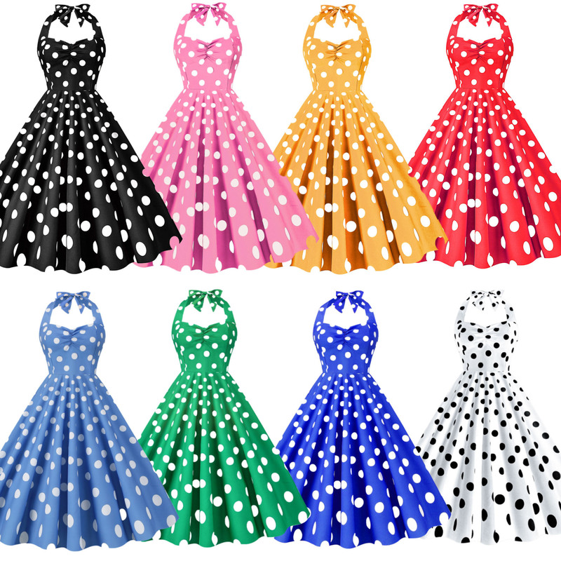 Cross-Border European and American Polka Dot Slimming Women's A-Line Dress Halter Neck Cartoon Stage Performance Barbie Doll Performance Dress Cross-Border European and American Polka Dot Slimming Women's A-Line Dress Halter Neck Cartoon Stage Performance Barbie Doll Performance Dress