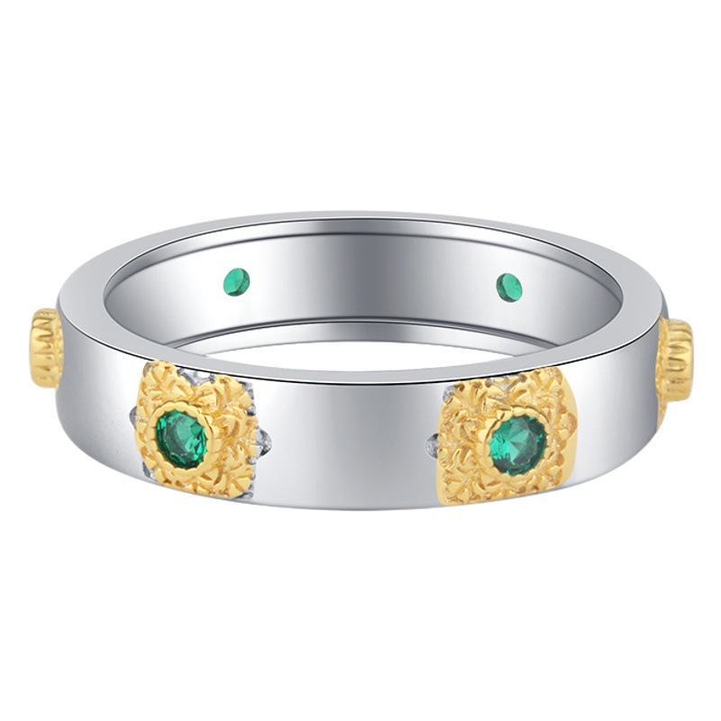 Zhuang Sheng joyería S925 plata simulación Esmeralda rojo corindón geométrico moda retro anillo de fila al por mayor