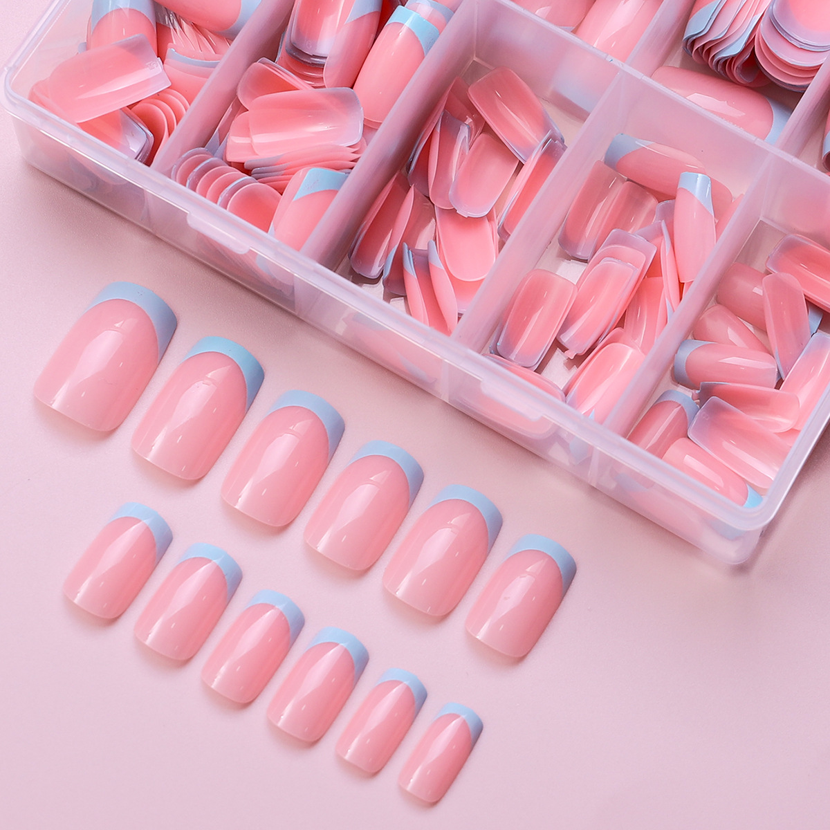 240 piezas de parche de uñas en caja rosa desnudo francés azul pálido líneas de borde simple versátil desmontable al por mayor