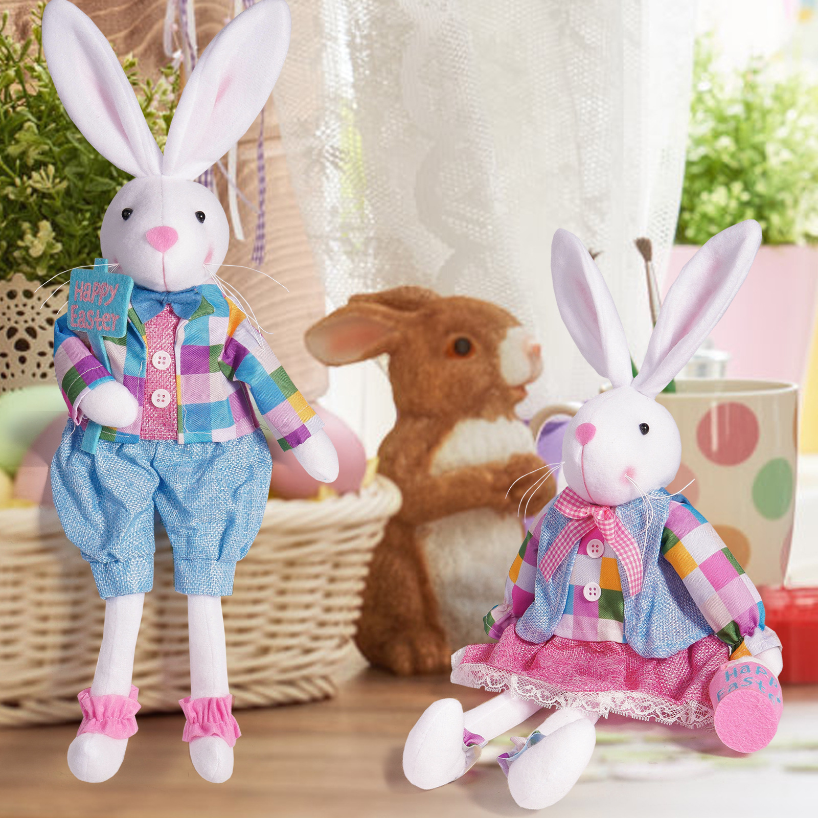 Nuevos productos transfronterizos de conejo de Pascua muñeca cesta cuadrada azul rosa muñeca colgante adorable decoración