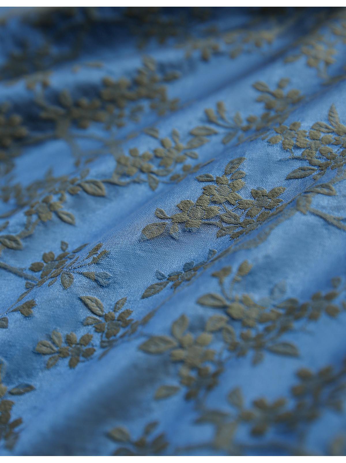 Áo kiểu nữ hè phong cách Trung Hoa, chất liệu jacquard hoa văn nổi, tay ngắn — màu xanh chi tiết 3