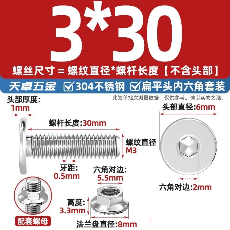 304不锈钢CM大平头超薄头C头扁平头内六角螺丝钉法兰边螺母套装M5|undefined