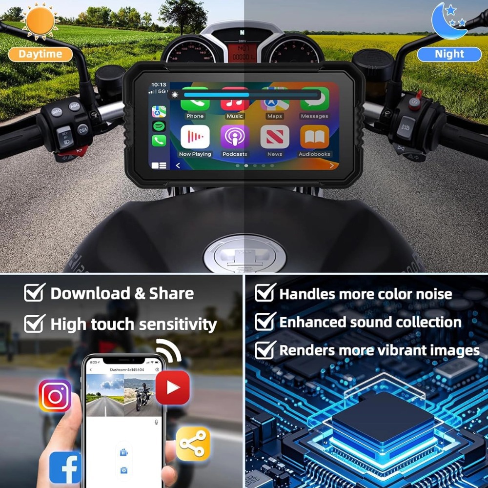6.25inch Motorcycle Carplay Dual Lens Dash Cam Wifi Bluetooth Gps Wired Control Front and Rear 2K