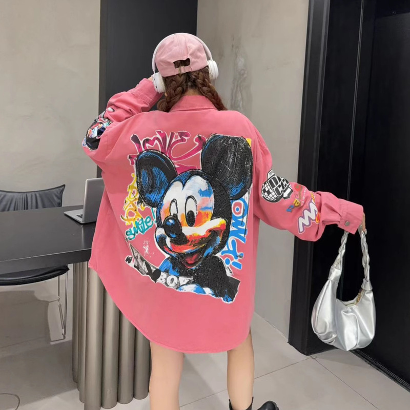 Thai Trendy Brand 2025 Spring and Autumn Heavy Fashion Niche Design Slim Mickey Cartoon Fashion Long-Sleeve Shirt for Men and Women
