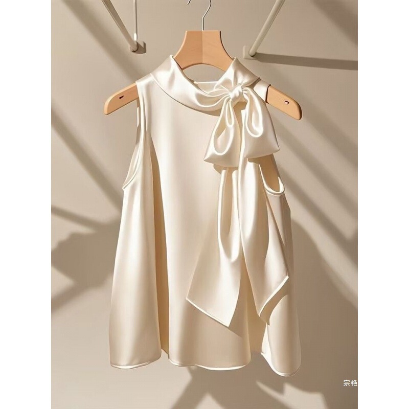 French-Style Champagne White Satin Halter Top for Women, New Summer Loose Bowknot Shirt, Stylish and Youthful Thin Blouse