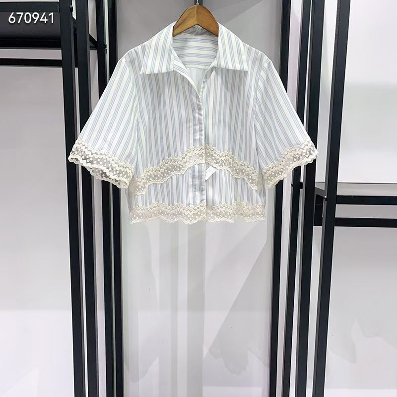2026 Spring/Summer New Style Elegant and Exquisite Youthful Striped Shirt with Tulle Trim and Turn-Down Collar Wholesale