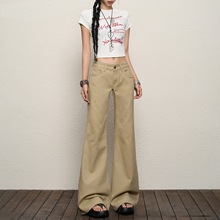 加绒加厚裤子女款冬牛仔裤微喇阔腿牛仔微喇裤女喇叭小个子卡其色