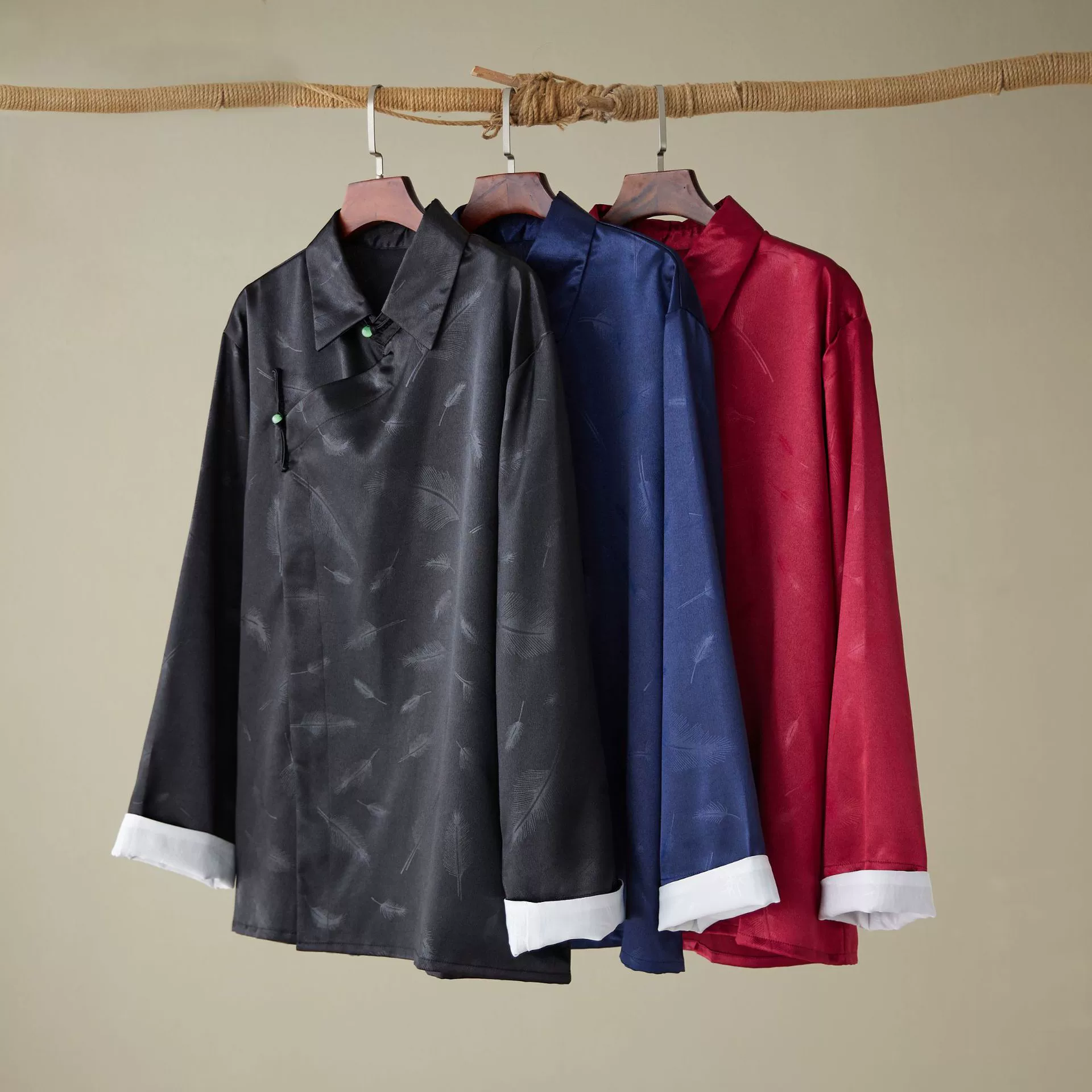 2025 Spring Young Men's Chinese Style Color-Blocking Tang Suit Silver Button Roll-up Side-Blocking Ramie Plate Stand Collar Top