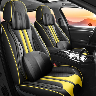 Seat cushion, seat cover: Luxury High-End Car Seat Cushion - luxury-edition-with-headrest-and-lumbar-support-warm-yellow-front-row-two-seats