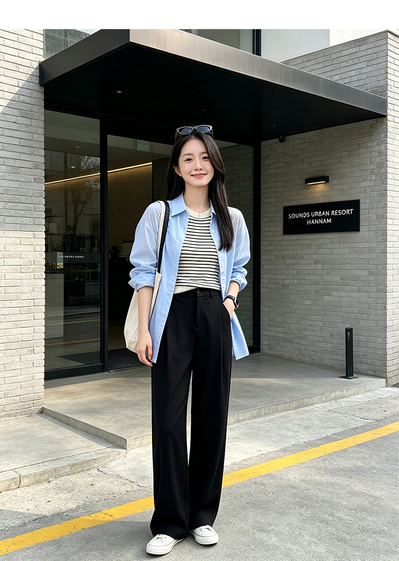 Quần tây nữ ống rộng cạp cao dáng suông, chất liệu mát mẻ chống nhăn, phù hợp đi làm mùa hè — Mát mẻ, rũ và chống nhăn - màu xanh lơ đen (cạp chun) chi tiết 32