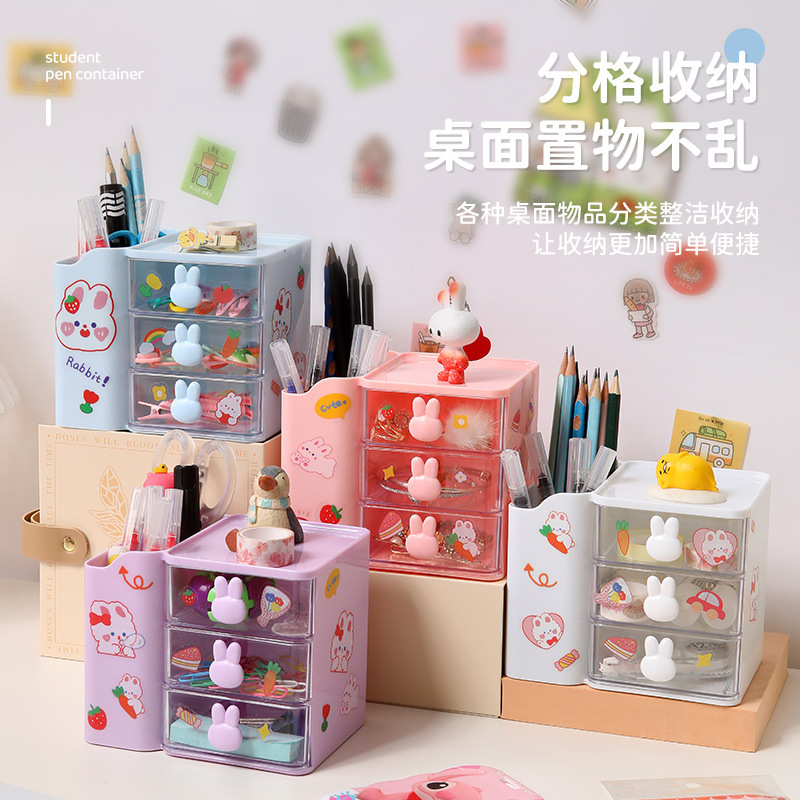 Caja de almacenamiento de escritorio con diseño de cabeza de conejo cajón transparente papelería decoración para estudiantes y dormitorio