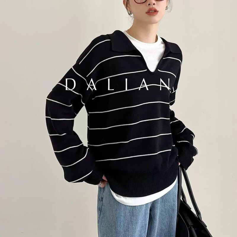 Classic French Stripesd Polo Knitwear Autumn and Winter Old Money Style Design Loose V Neck Long-Sleeved Top for Women