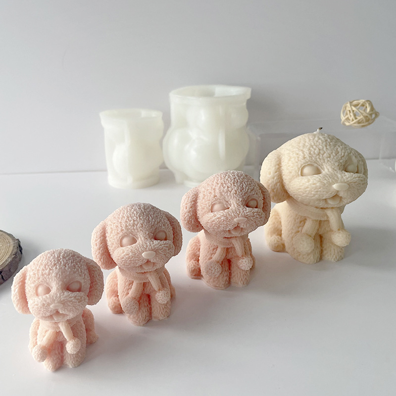 DIY perro de peluche aromaterapia vela molde lindo bufanda perro jalea pastel hecho a mano jabón yeso molde de silicona