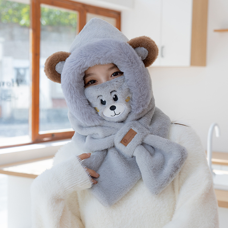 Ins韓国版女子熊マスクマフラー一体帽子かわいい耳ぬいぐるみ学生冬保温カバー|undefined