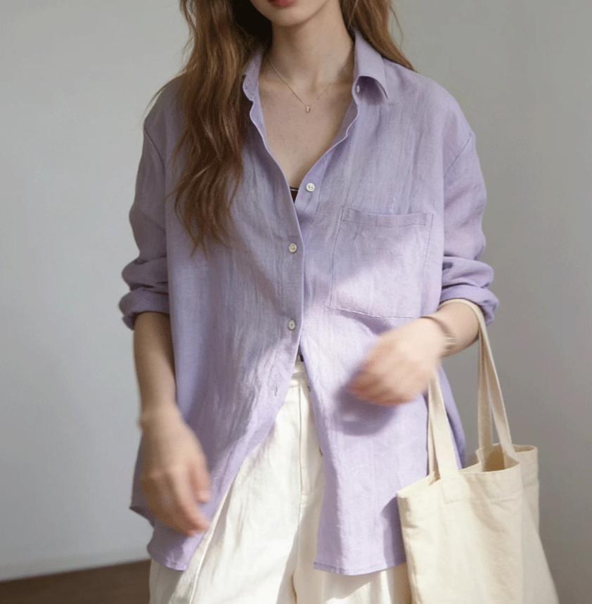 Áo sơ mi nữ tay dài phong cách nhẹ nhàng chất cotton linen rộng rãi — Màu tím nhạt chi tiết 4