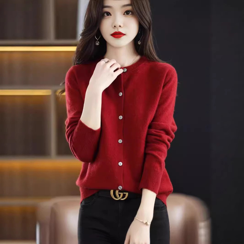 Cardigan Jacket Women's New Knitted Cardigan Women's Age-Reducing Long-Sleeved Round Neck Sweater Cardigan Versatile Knitted Jacket Women's Clothing