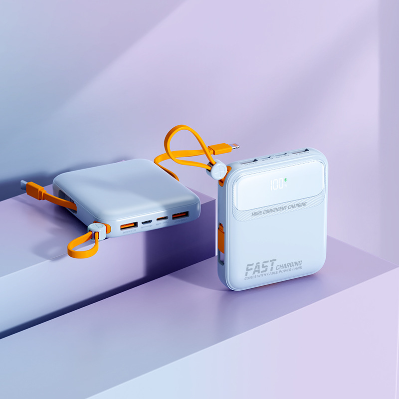 Nuevo banco de energía de carga súper rápida transfronteriza 120W 20000 mA pequeña Impresión de energía móvil portátil con cable