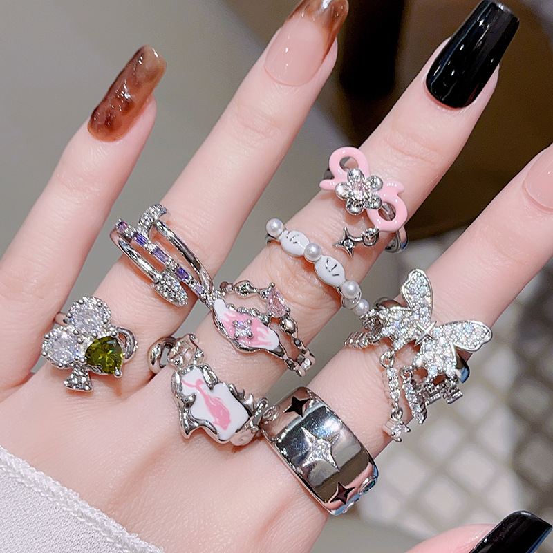 10g Weight Rhinestones Inlay Material Open Rings Classification Adjustable Ring Size 1 Piece Quantity Daily, Street Occasion Copper Material Geometric Pattern Women's Gender Plating, Inlay Design Sweet, Cool Style Style Wholesale Sweet Cool Style Geometric Copper Plating Inlay Rhinestones Open Rings 3