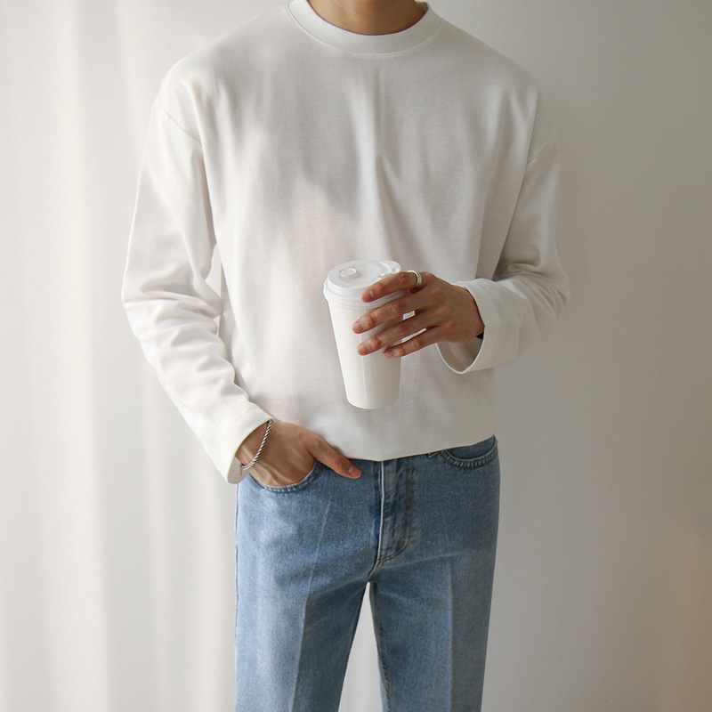 MYQ男装韩版纯棉长袖T恤秋季纯色潮流宽松内搭休闲圆领打底衫上衣