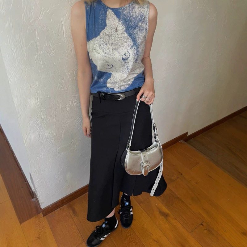 paloma wool猫咪印花无袖圆领短款设计感小众修身显瘦背心T恤