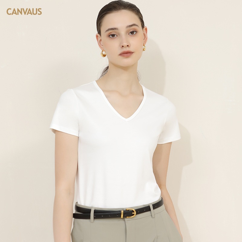 CANVAUS nueva camiseta de manga corta de algodón con cuello en V para mujer slim fit verano Xinjiang algodón textura bottoming camisa moda