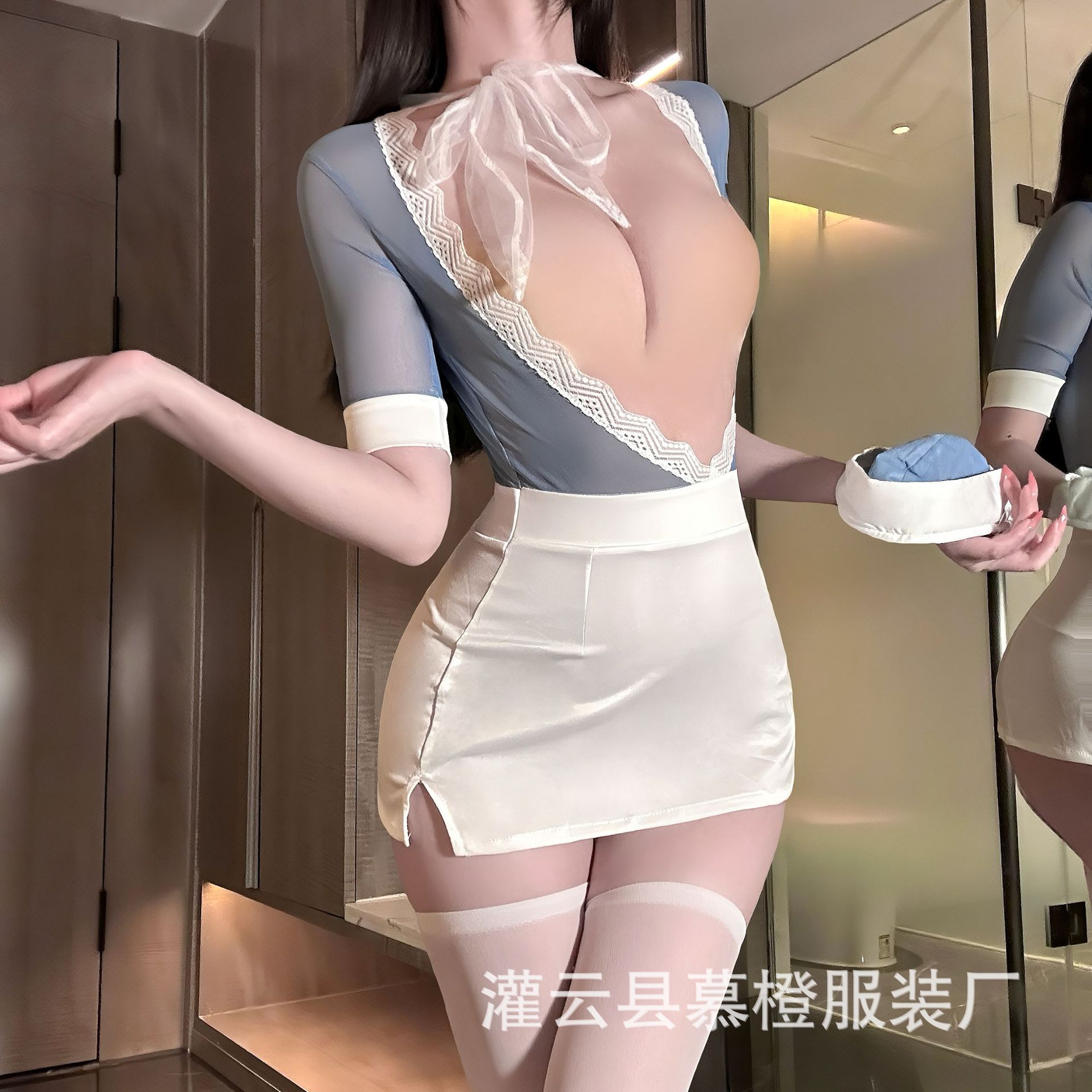 Sexy Lingerie Sexy Cos Stewardess Secretary Ol Tight Uniform Pure Desire Deep V Cut Out Lace One-Piece Hip Suit