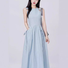 蓝色连衣裙2024新款女夏季气质温柔甜美收腰显瘦拼接露肩长裙子