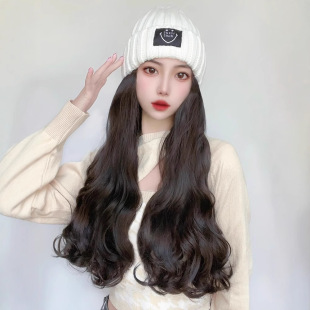 Wig Women's Long Hair Hat Wig One-in-One Cyber Celebrous Fashionable Knitted Hat Stylish Long Curly Hair Full Head Cover in stock