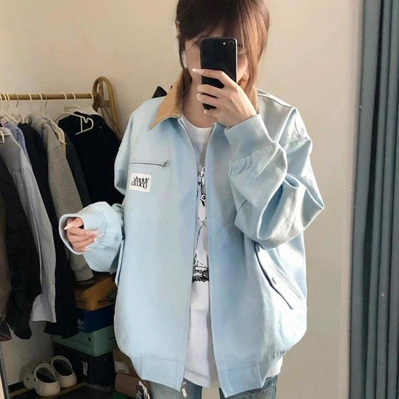 美式复古外套女春秋2025新款潮牌撞色翻领宽松情侣夹克棒球服开衫|undefined