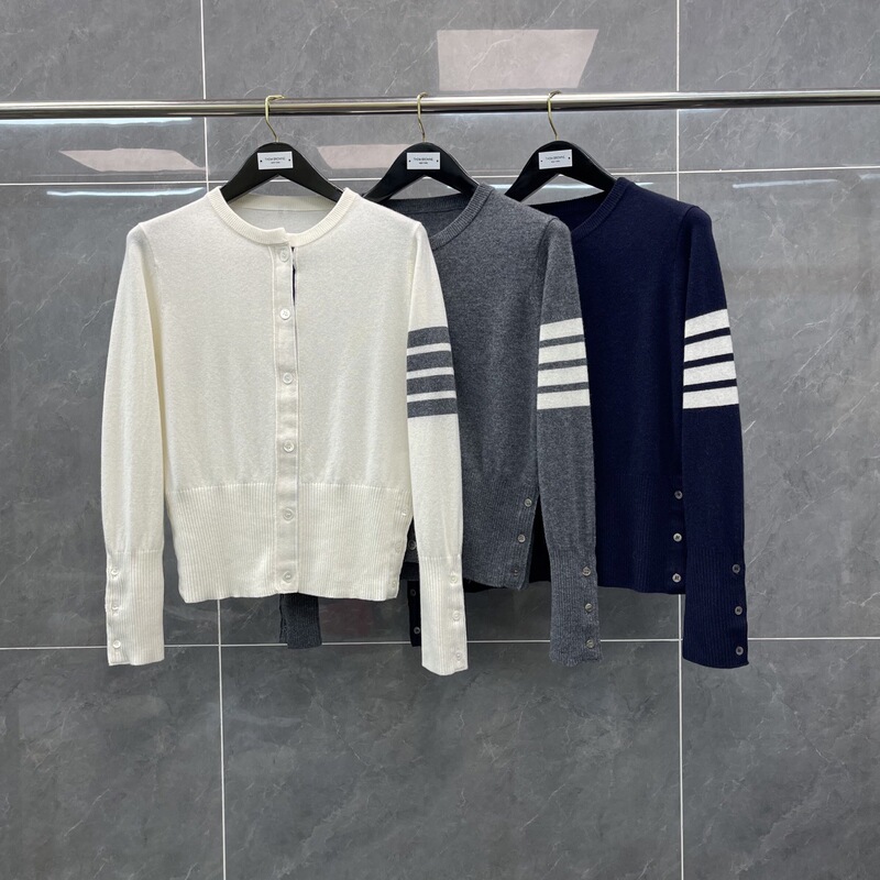 Trendy Tb New Classic Striped Four-Stripe Round Neck Long-Sleeve Six-Button Cashmere Knit Cardigan for Women in College Style