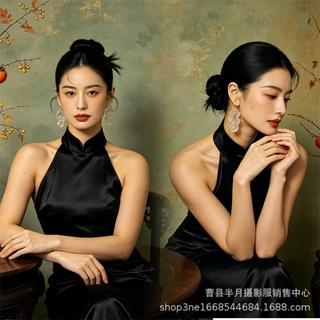 影楼拍照主题服装婚纱摄影写真复古街拍黑色挂脖气质赫本礼服写真