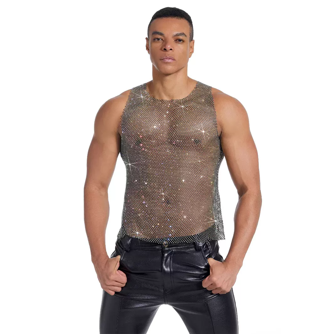 跨境欧美闪钻男装音乐节派对背心男水钻上衣夜店派对透视上衣男