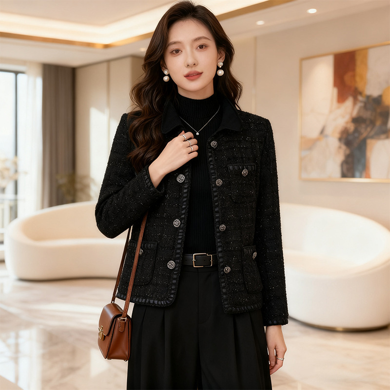 Black Plaid Tweed Jacket for Women, Spring and Autumn Korean Style, Versatile Long-Sleeve Slim-Fit Tweed Coat