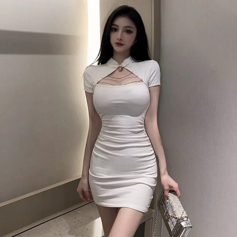 GraceChic 2023 Plus Size Women's Summer Sexy Hollow Out Slim Fit Bodycon Short Cheongsam Modified Dress Trendy_voghion.com