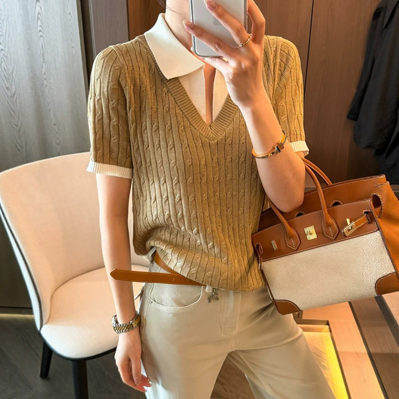 Fake Two-Piece Cable Knit Ice Silk Sweater for Women, European Style 2026 Spring New Fashion European Women's Base Shirt Trendy Fake Two-Piece Cable Knit Ice Silk Sweater for Women, European Style 2026 Spring New Fashion European Women's Base Shirt Trendy