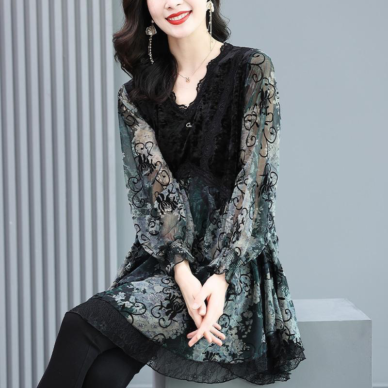 시폰 셔츠 여성의 2024 이른 봄 새로운 패션 하이 엔드 우아한 벨벳 패치 워크 느슨한 플러스 사이즈 빈티지 탑 인쇄