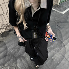 黑色千鸟格拼接短袖polo衫男夏季复古老钱风半袖高级感情侣半截袖