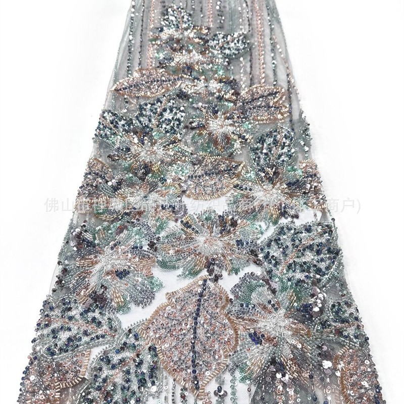Flores tridimensionales hoja de clavos de cuentas bordadas tela de vestido de boda fabricantes de diseño de cuentas de diseño de tela de bordado de tubería pesada image 5