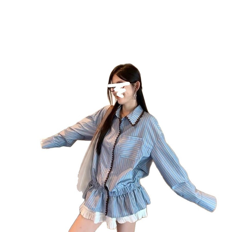 2025新款设计感撞色条纹长袖衬衫女装秋季小众休闲宽松POLO领上衣|undefined