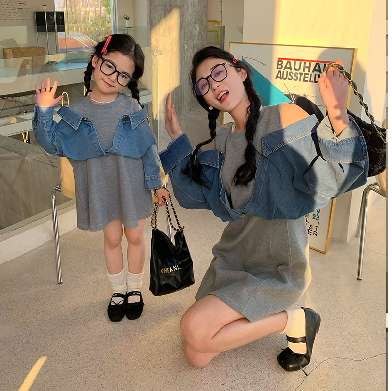一起玩亲子装 网红韩版母女装牛仔假两件连衣裙春秋季新款宝宝裙