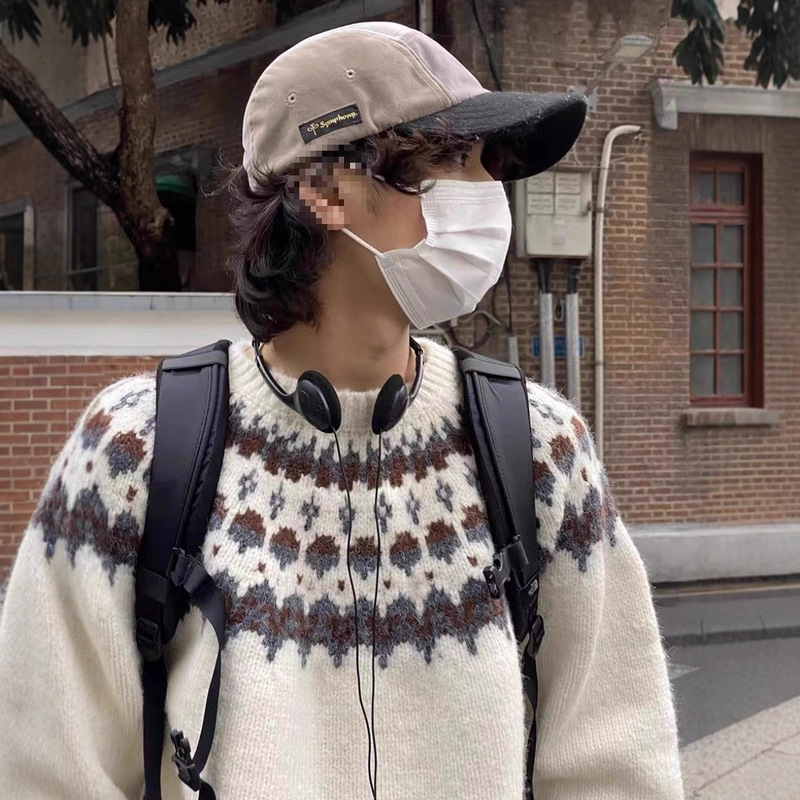 [Arctic Velvet Fair Isle Stuffed Sweater] Autumn and Winter Mcqueen Light Luxury Style Sweater Men's Loose Round Neck Pullover Outer