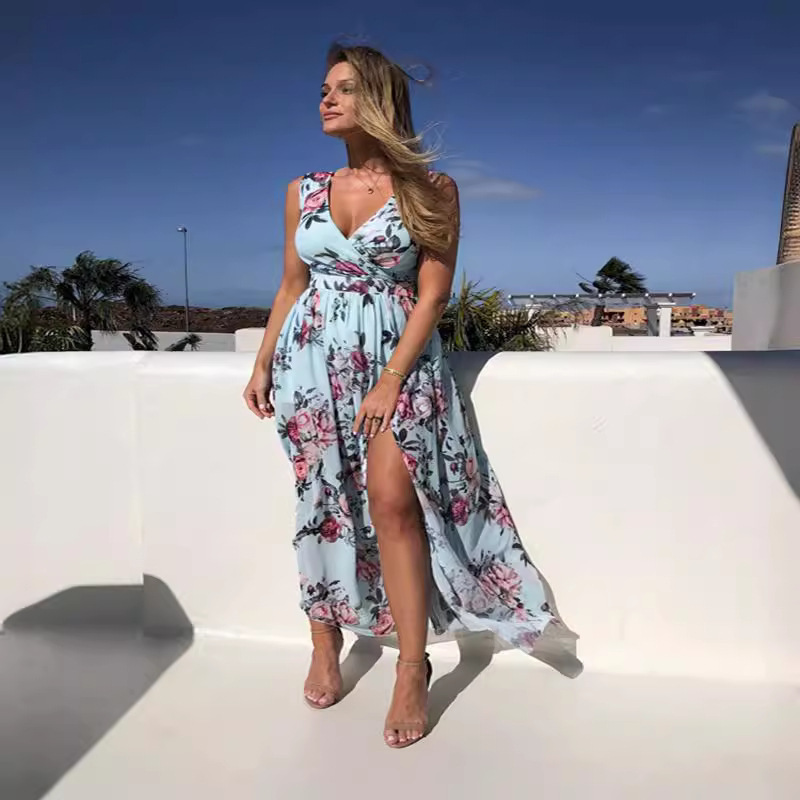 2022 New Spring and Summer ebay European and American Foreign Trade Printed Chiffon Dress Sleeveless Holiday Beach Split Long Dress