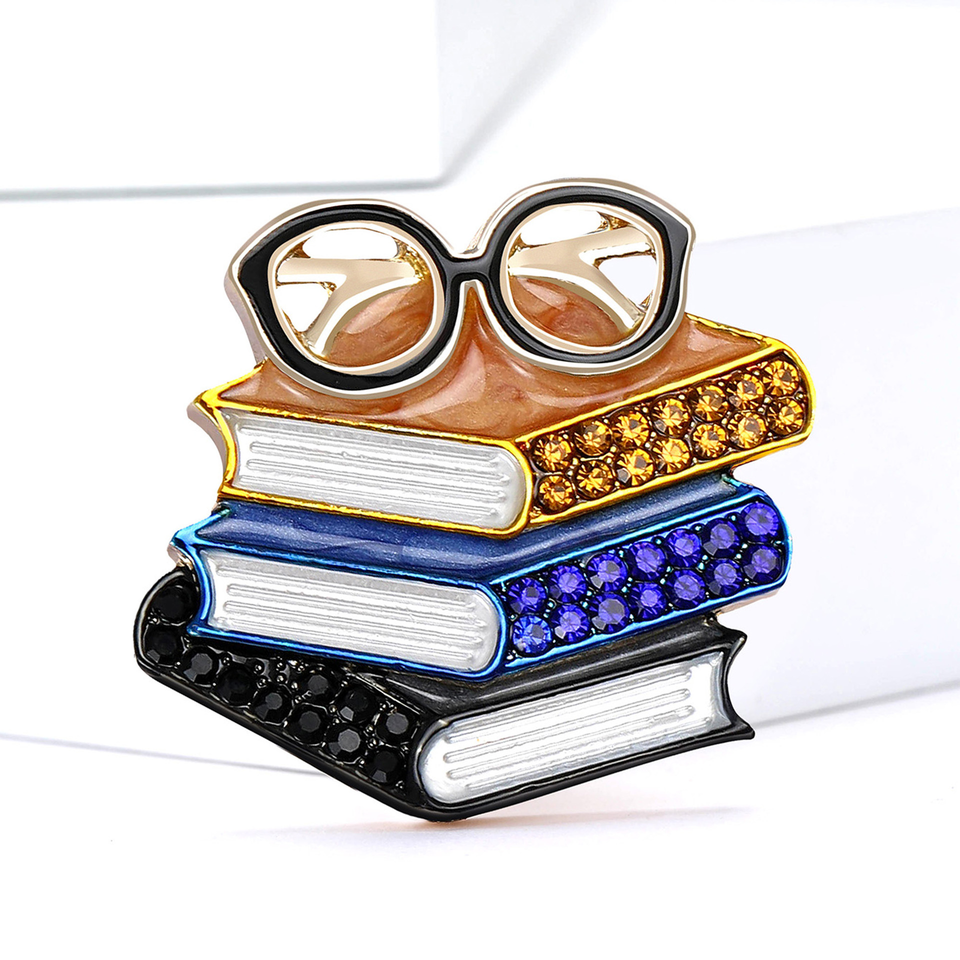 European and American New Enamel Rhinestone Three-Book Glasses-Shaped Brooch Exquisite Men's and Women's Clothing Corsage Jewelry Pin