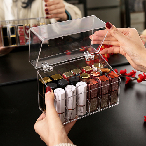 Desktop lipstick storage box for lipstick and lip glaze box, multi-lattice nail polish cosmetics transparent storage rack
